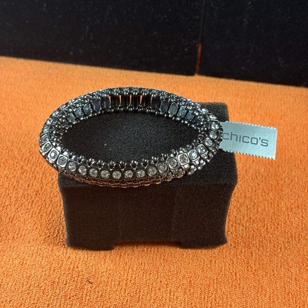 Chico's Gunmetal Crystal Stretch Bracelet with Clear Stones